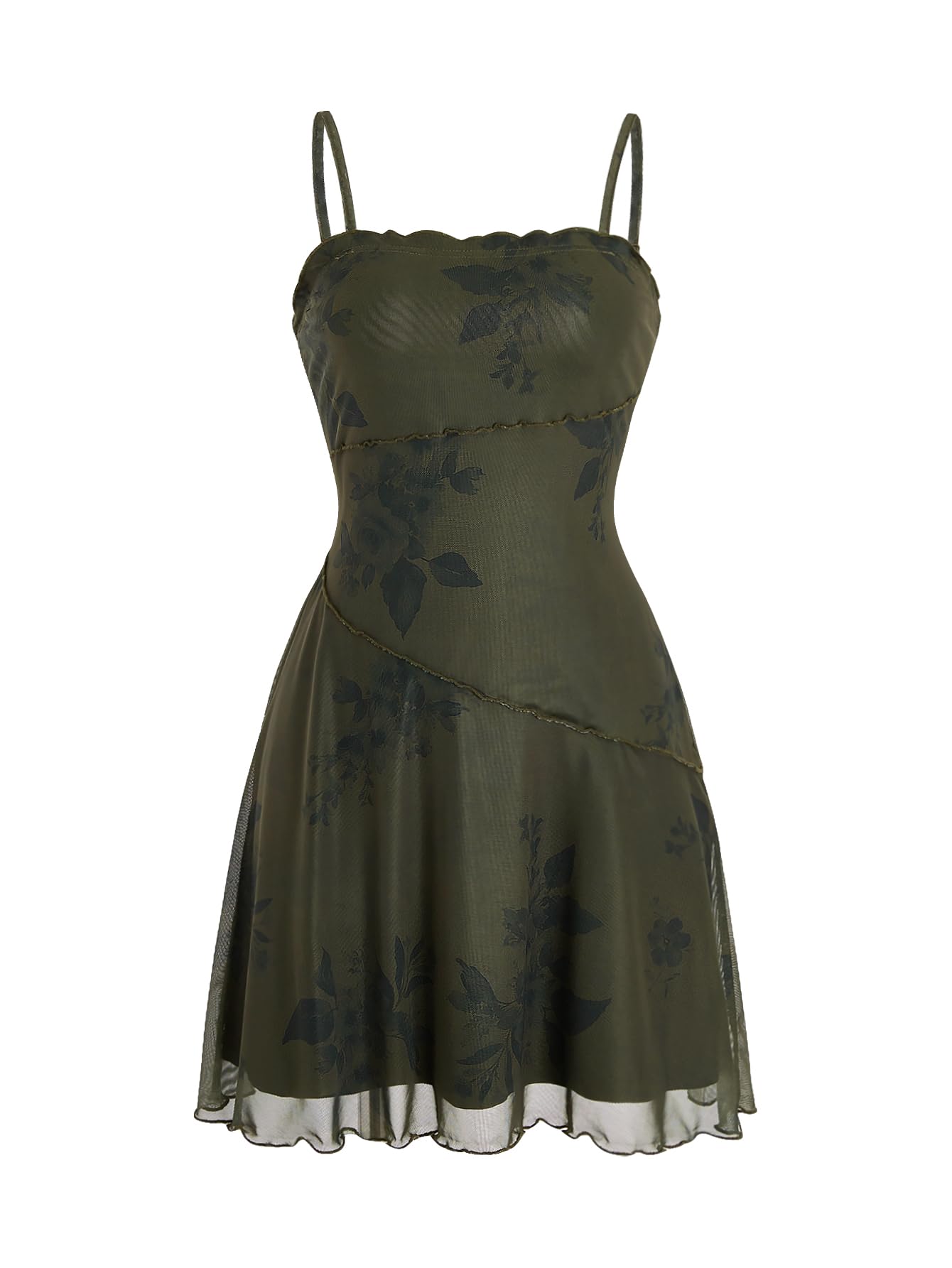 Verdusa Women's Mini Dress Floral Spaghetti Strap Mesh Dresses Going Out Festival Concert Outfits Grunge Gothic Clothes: Medium Dark Green