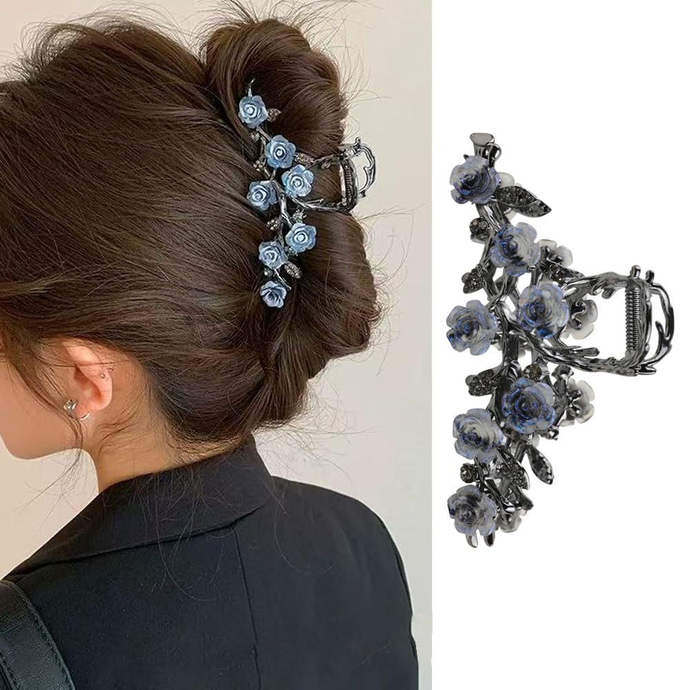 View 1 of 1PCS Large Hair Claw Clips for Thick/Thin Hairs Metal Black with Blue Rose Design Hair Clip Jaw Clips Hairpin French Style Hair Accessories for Women Wedding Birthday Hair Decorations