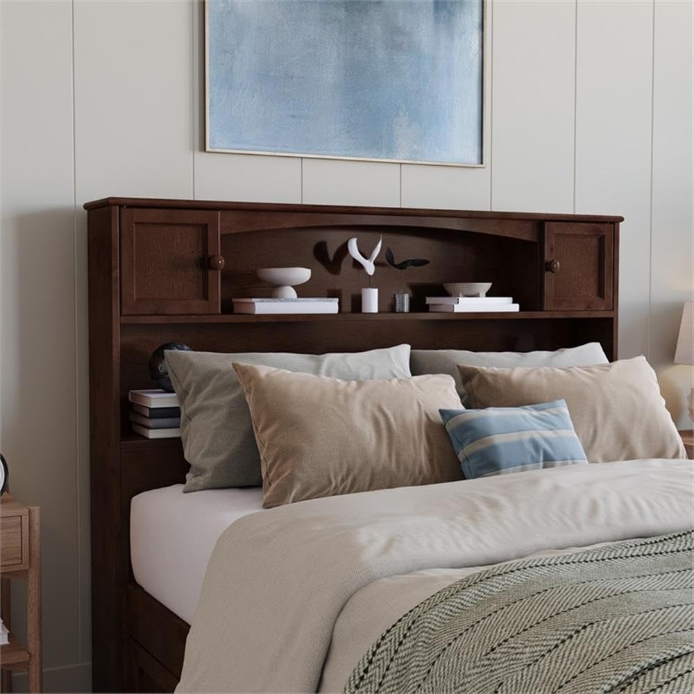 Pemberly Row Full Wood Bookcase Headboard, Walnut Finish, 57.5 in Wide with USB Charger, 2 Shelves, Hidden Compartments, Compact Design for Kids or Teens, Bedroom Storage Headboard