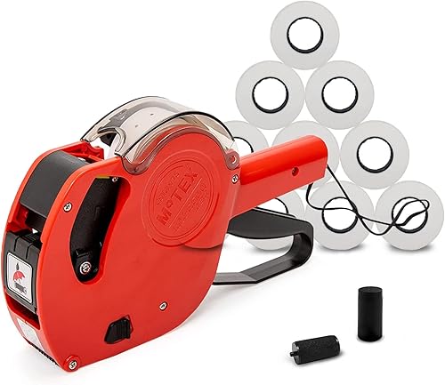 Motex MX-5500 - Kit de pistola de precio de línea de 8 dígitos, incluye 10,000 etiquetas adhesivas blancas y 1 tintadora precargada con 1 recarga de