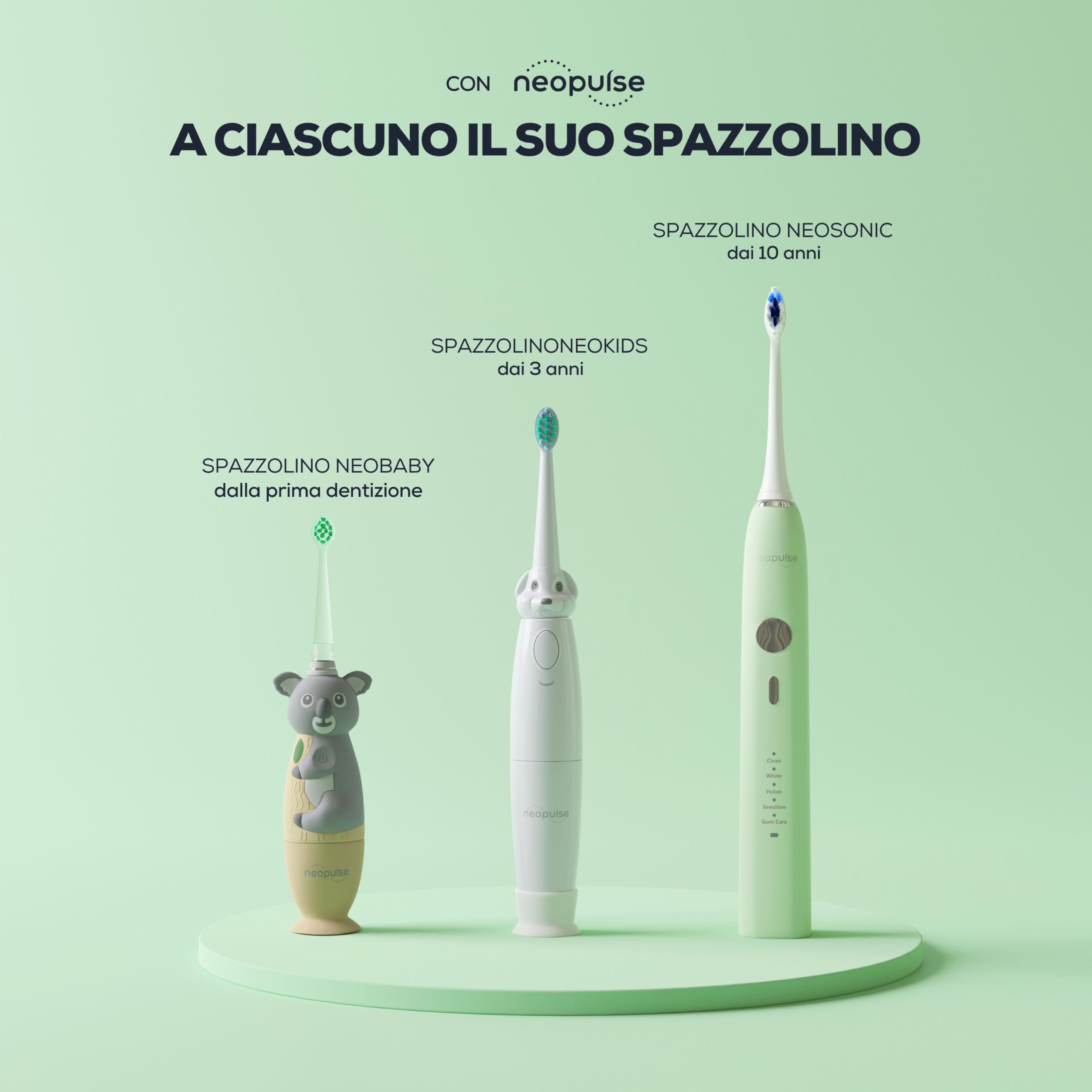 NEOPULSE NEOSONIC® Spazzolino Elettrico Sonico – 5 Modalità e 3 Intensità (15 impostazioni) – 3 mesi di autonomia – Timer 2 minuti – Ricarica USB-C – 2 Testine – Verde