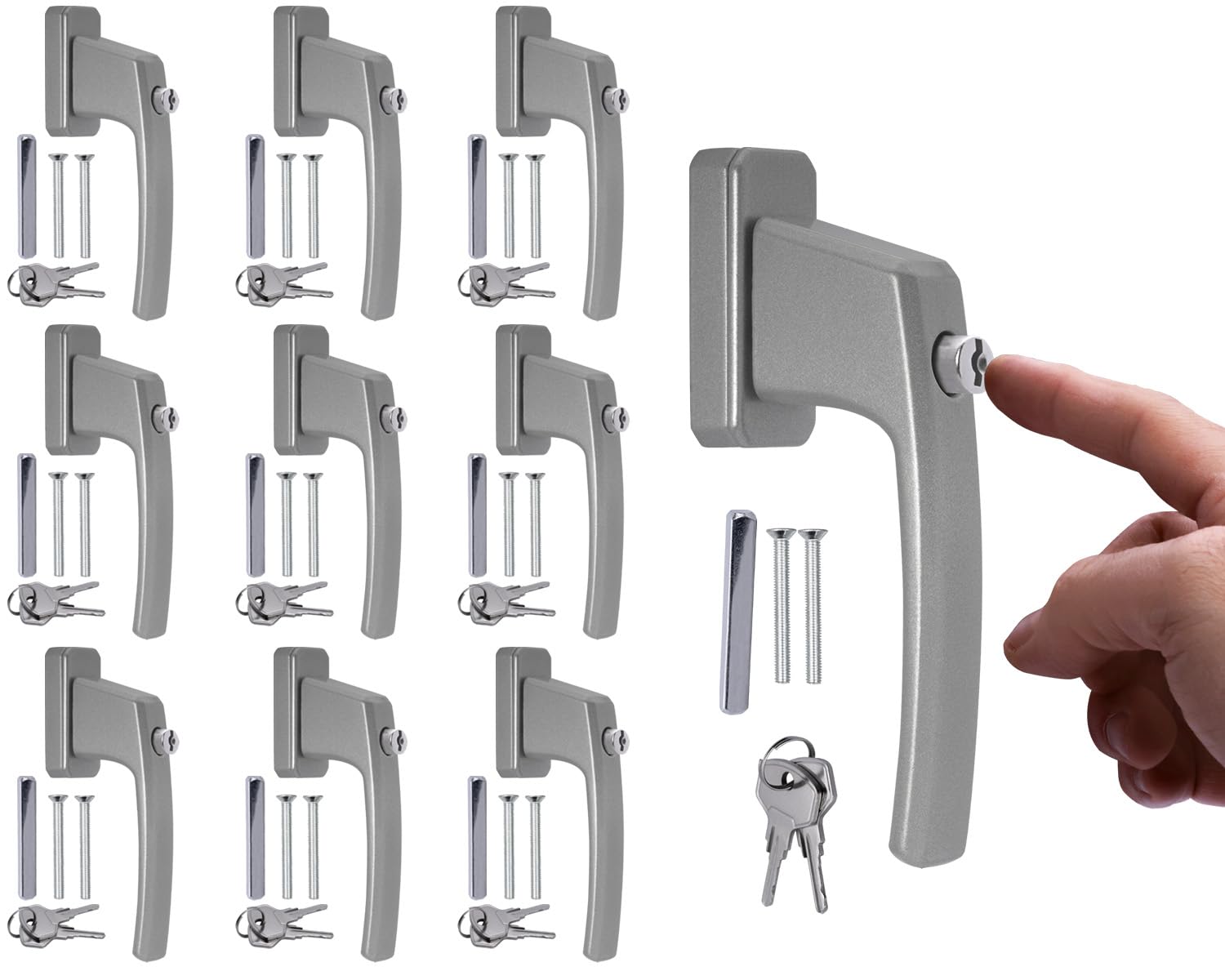 Stahlia Zamykane uchwyty okienne, ergonomiczne, aluminiowe, 10 sztuk, srebrne uchwyty okienne, do drzwi tarasowych, uchwyt do drzwi balkonowych, ochrona przed włamaniem, klamka do drzwi tarasowych