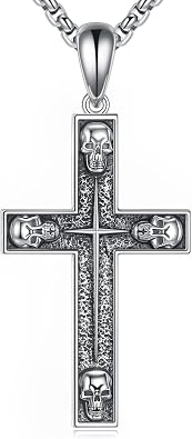 URONE Cross Necklace Sterling Silver Faith/Crucifix/Skull Religious Cross Pendant Necklace Christian Jewelry Gifts for Men