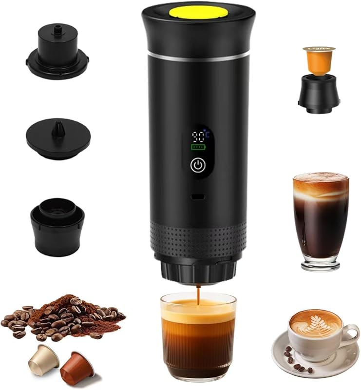 Máquina de café expreso portátil 3 en 1 mejorada con pantalla LED, presión de 20 bares, temperatura en tiempo real e indicador de batería, cafetera portátil compatible con café molido y cápsulas para viajes, oficina, RV