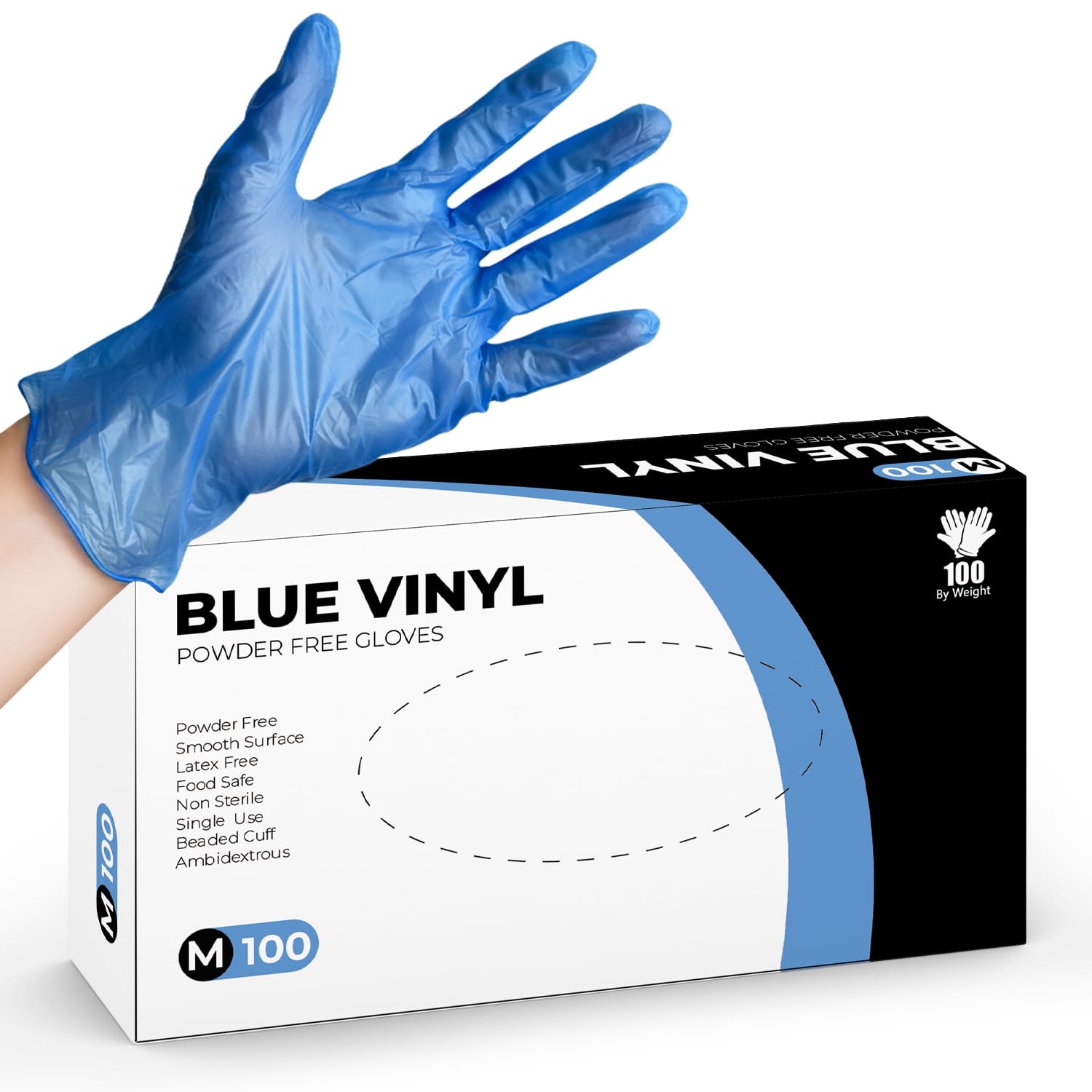 PRAIMA Blue Disposable Gloves - 100 Pack, Latex Free & Powder-Free Vinyl Gloves, Strong and Puncture-Resistant, Comfortable Fit Use For – Cleaning, Hairdressing & Multi-Purpose Use (M, 100 count)