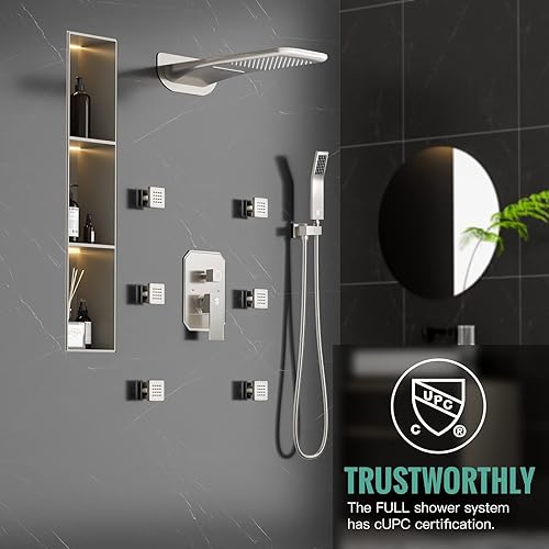 Miniatura 6 de SR SUN RISE Sistema de ducha de níquel cepillado de 20 pulgadas, juego de ducha montado en el techo, grifo de ducha (contiene grifo de ducha, cuerpo