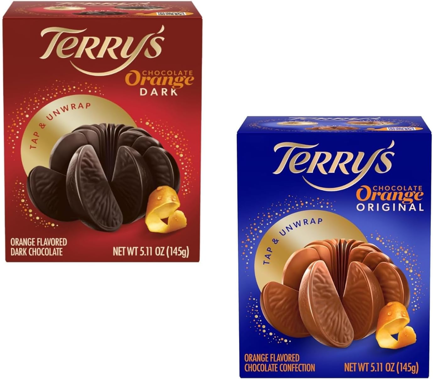 2 Pack Variety (1) Milk and (1) Dark Chocolate Orange Ball - Unwrap, Tap, and Share It, 5.11 oz per Ball (11.22 oz Total)