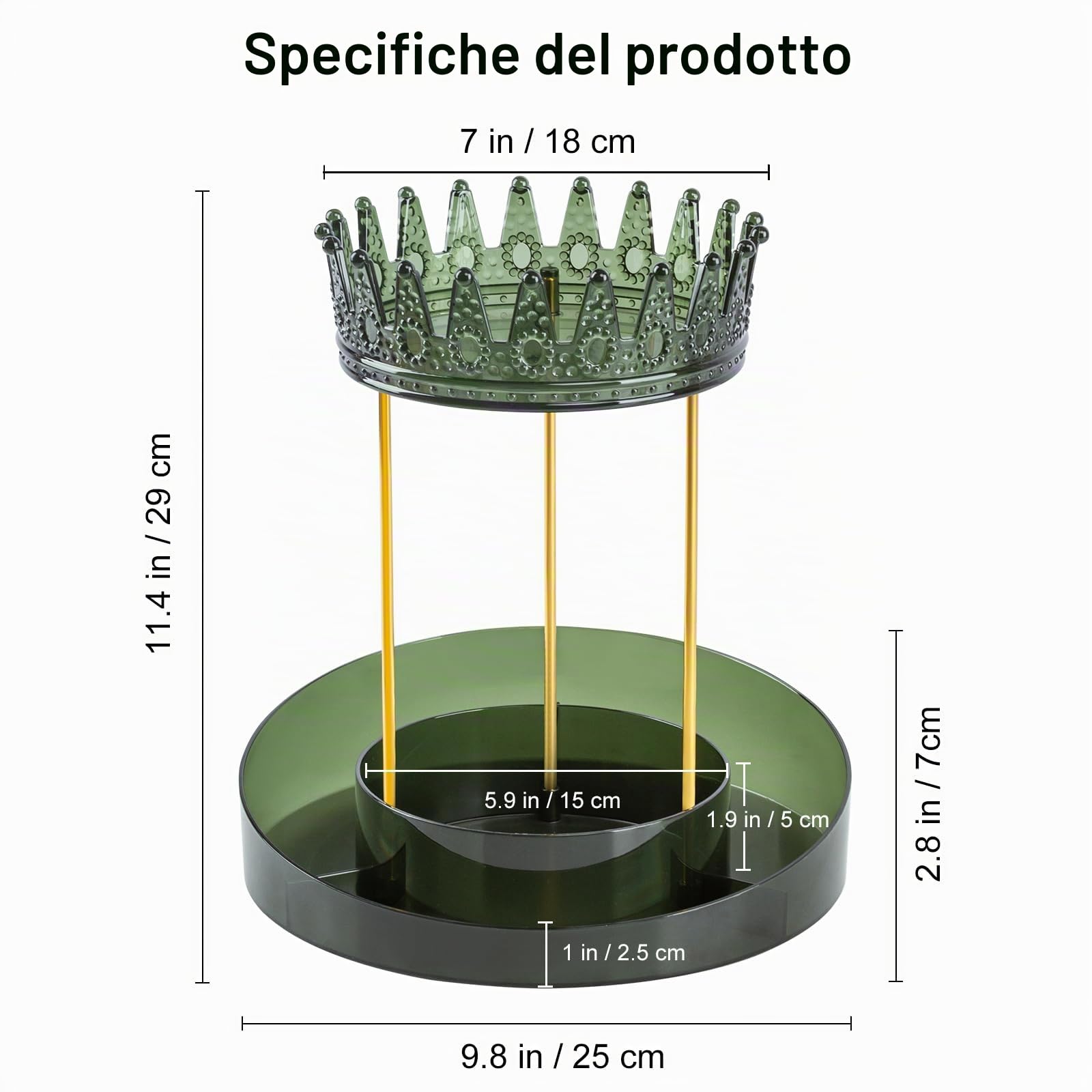 CECOLIC Espositore per gioielli girevole a 360°, nuovo design a forma di corona, per collane e bracciali, da appendere, per donne e ragazze (Verde Scuro)