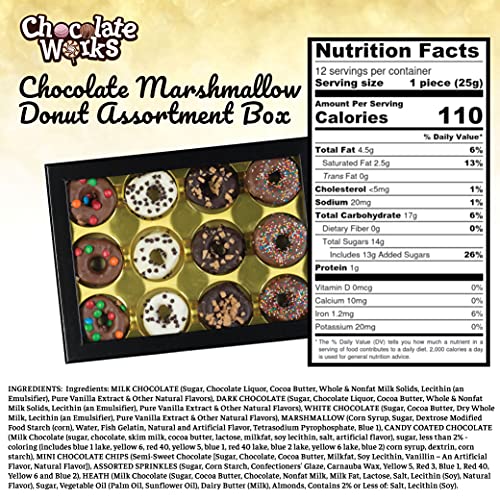 Chocolate Coated Marshmallow Donuts by Chocolate Works | Gourmet Chocolate Treat with Rainbow Nonpareils, Crushed Heath, Chocolate Chips & Mini M&M’s Toppings | 12 Count Donut Box - Thumbnail 6