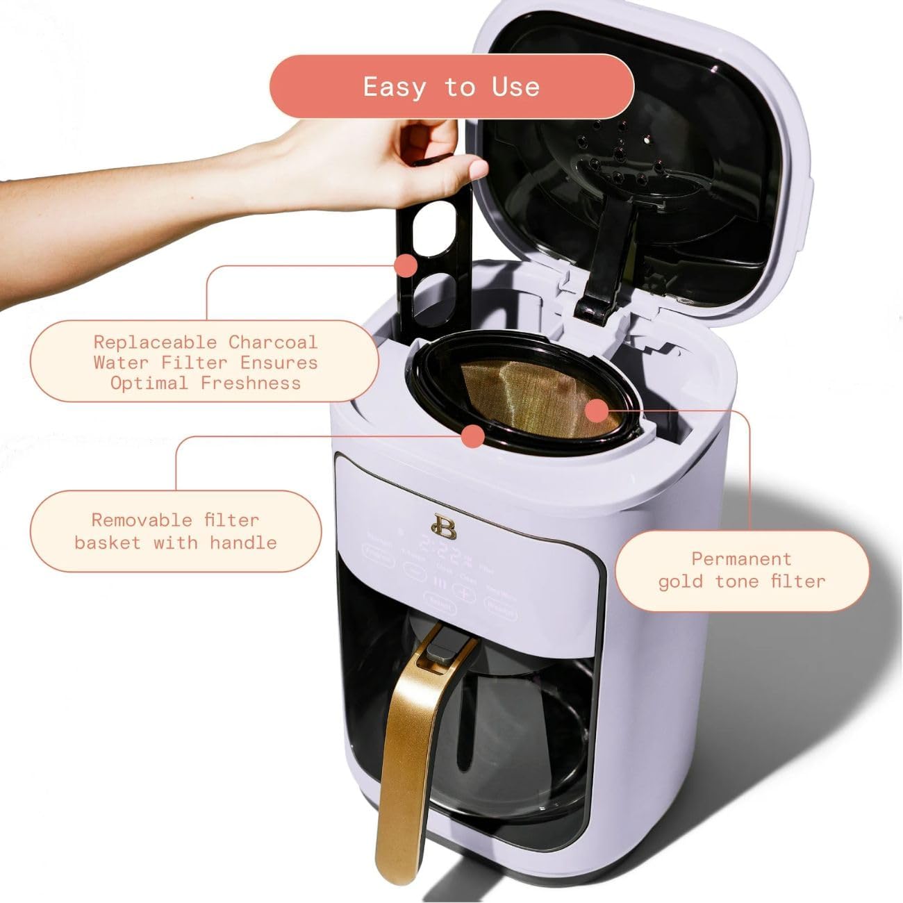 Open lid showing water filter and reusable coffee filter