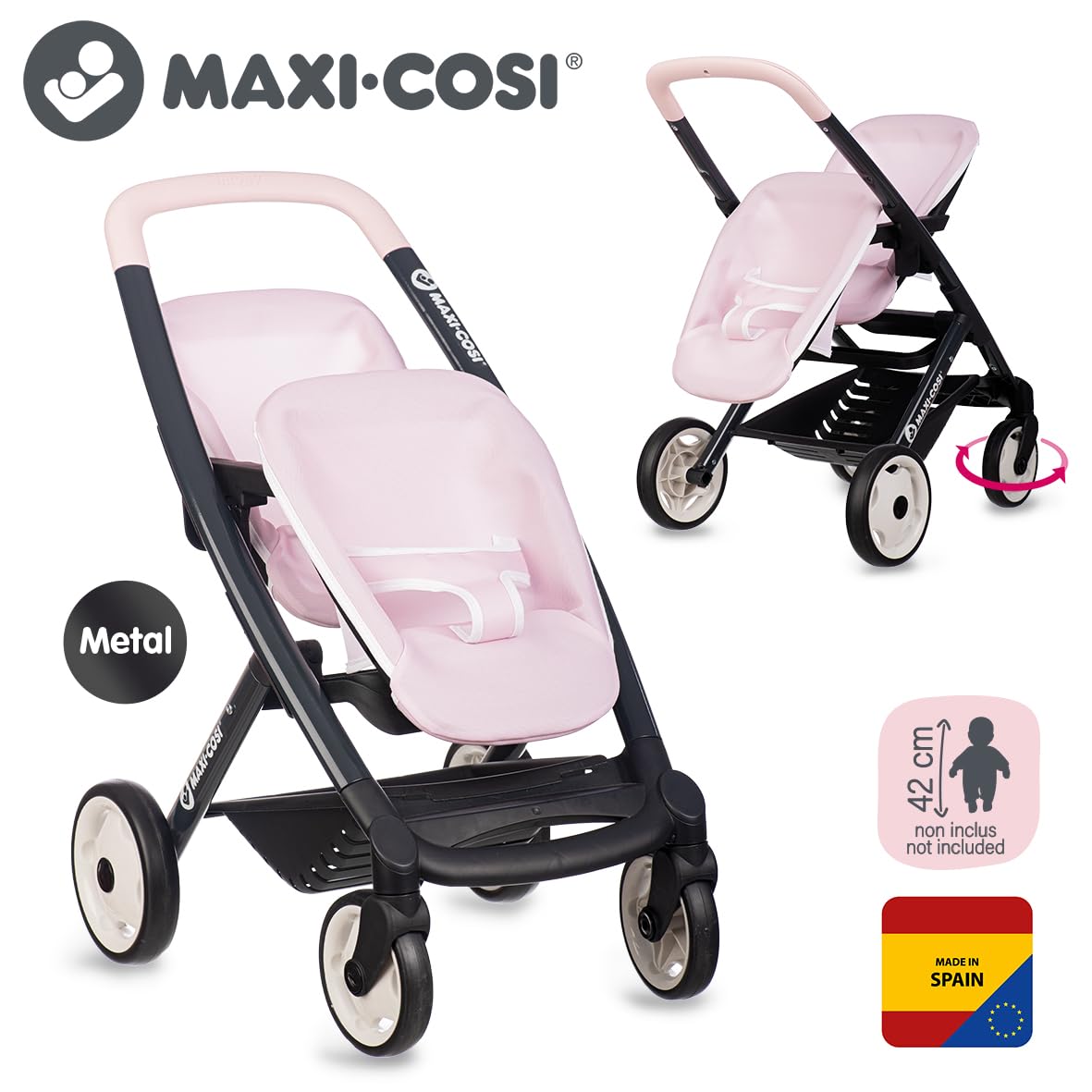 Smoby - Maxi-Cosi - Poussette Jumeaux Rose - Jouet d'Imitation - Balader 2 Poupons Jusqu'à 42 cms - Roues Silencieuses et Multidirectionnelles - A Partir de 3 Ans - Fabrication Espagnole