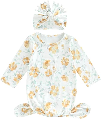 Traje de bebé recién nacido, vestido anudado floral, vestido bohemio con nudo de corbata, bolsa de hospital con diadema