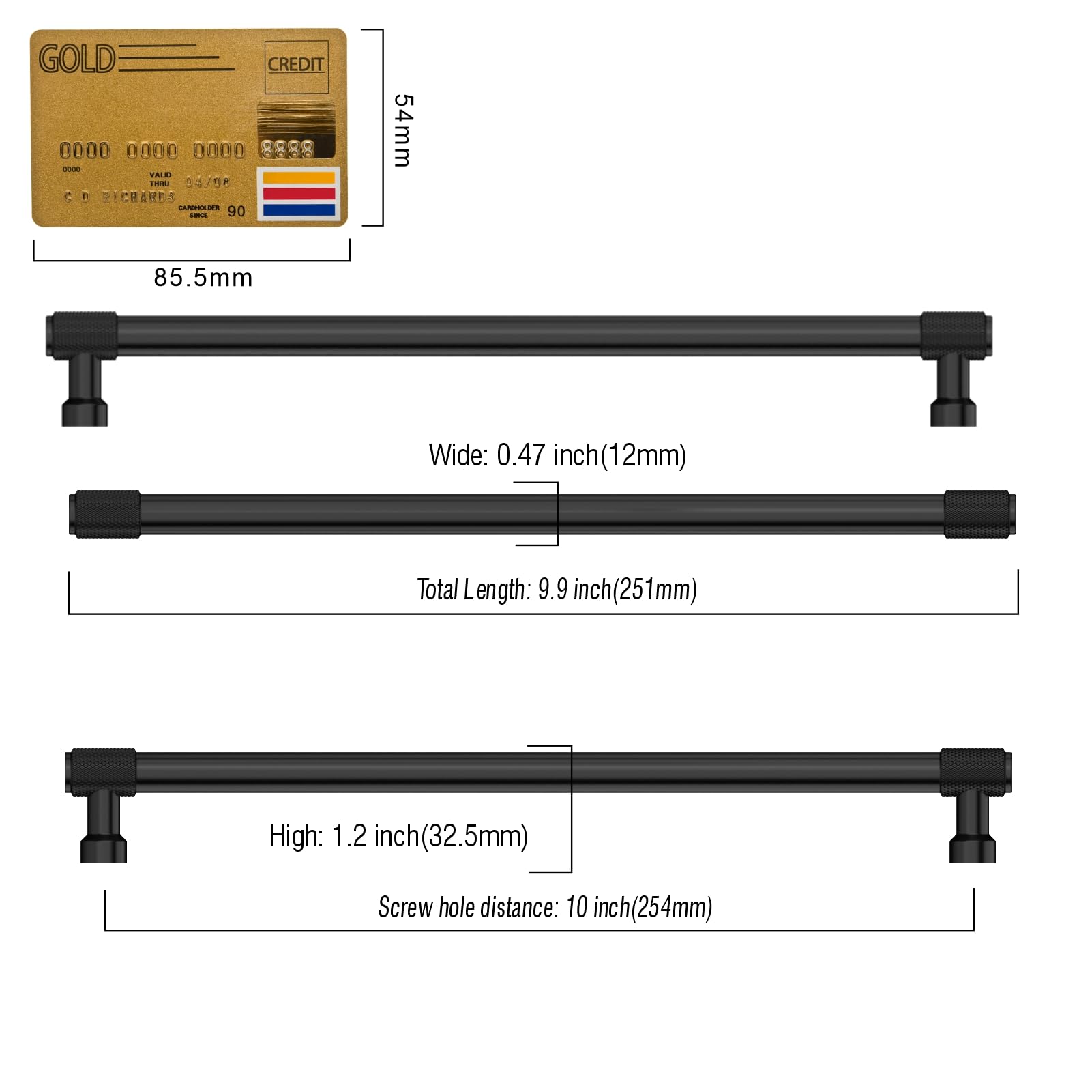 Amerdeco ZH0034 - Paquete de 10 tiradores moleteados negros mate de 254 mm con agujero central para gabinetes de cocina, tiradores de cajón