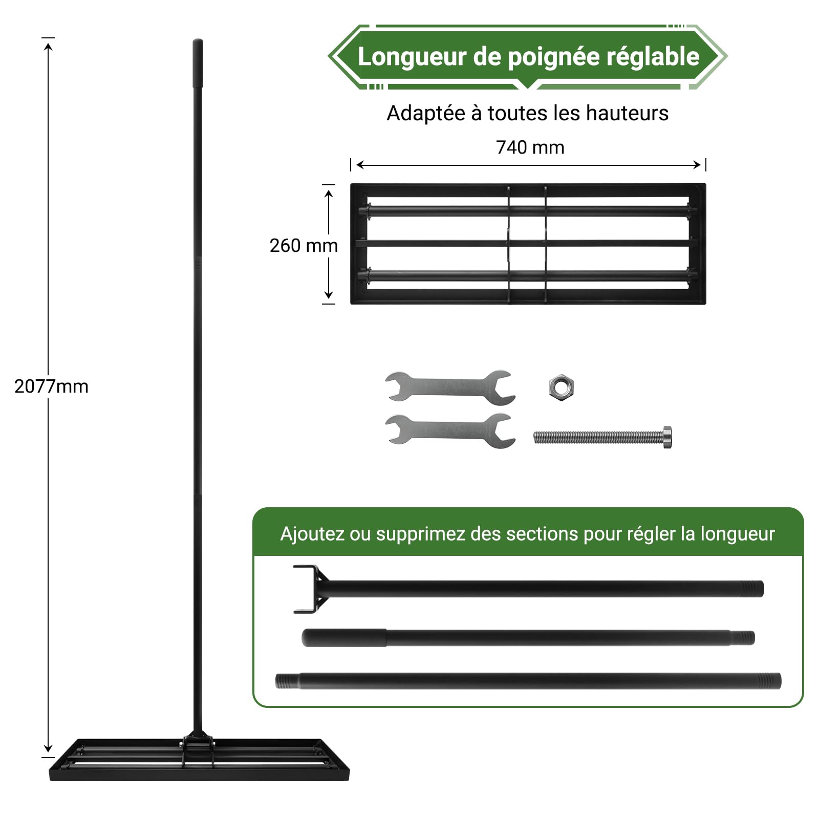 RâTeau De Nivellement De Pelouse 76x25cm, Niveleur Gazon en Acier A3 Antirouille avec Manche Long RéGlable 207cm, Rateau Jardin Et Rateau Gazon pour Niveler Terre, Sable Et Pelouses - 3