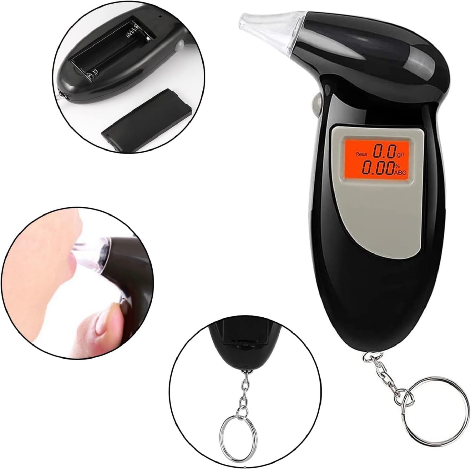 JDXun Alcoholimetro, Profesional Portátil Alcoholímetros con Pantalla LCD y 5 Boquillas, Aliento de Alcohol Digital para Uso Doméstico y Profesional (Negro)