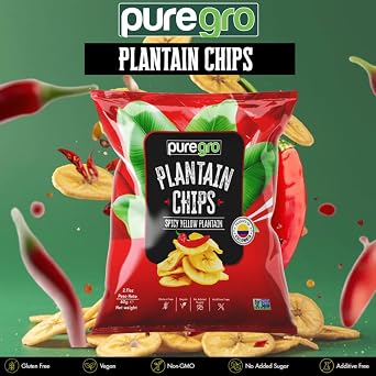 Puregro Chilli, Green and Sweet Yellow Plantain Chips 60g | Mixed Flavour Plantain Snacks | Ready to Eat | Ideal for Snacking, Sharing and On-the-Go | Box of 24 (Each 8 Packs)
