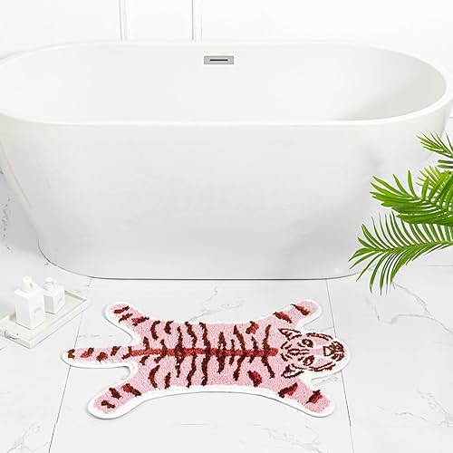 Miniatura 4 de Alfombra de baño de tigre para baño, bonita alfombra de baño de tigre rosa, antideslizante, con forma de animales de dibujos animados, absorbente,