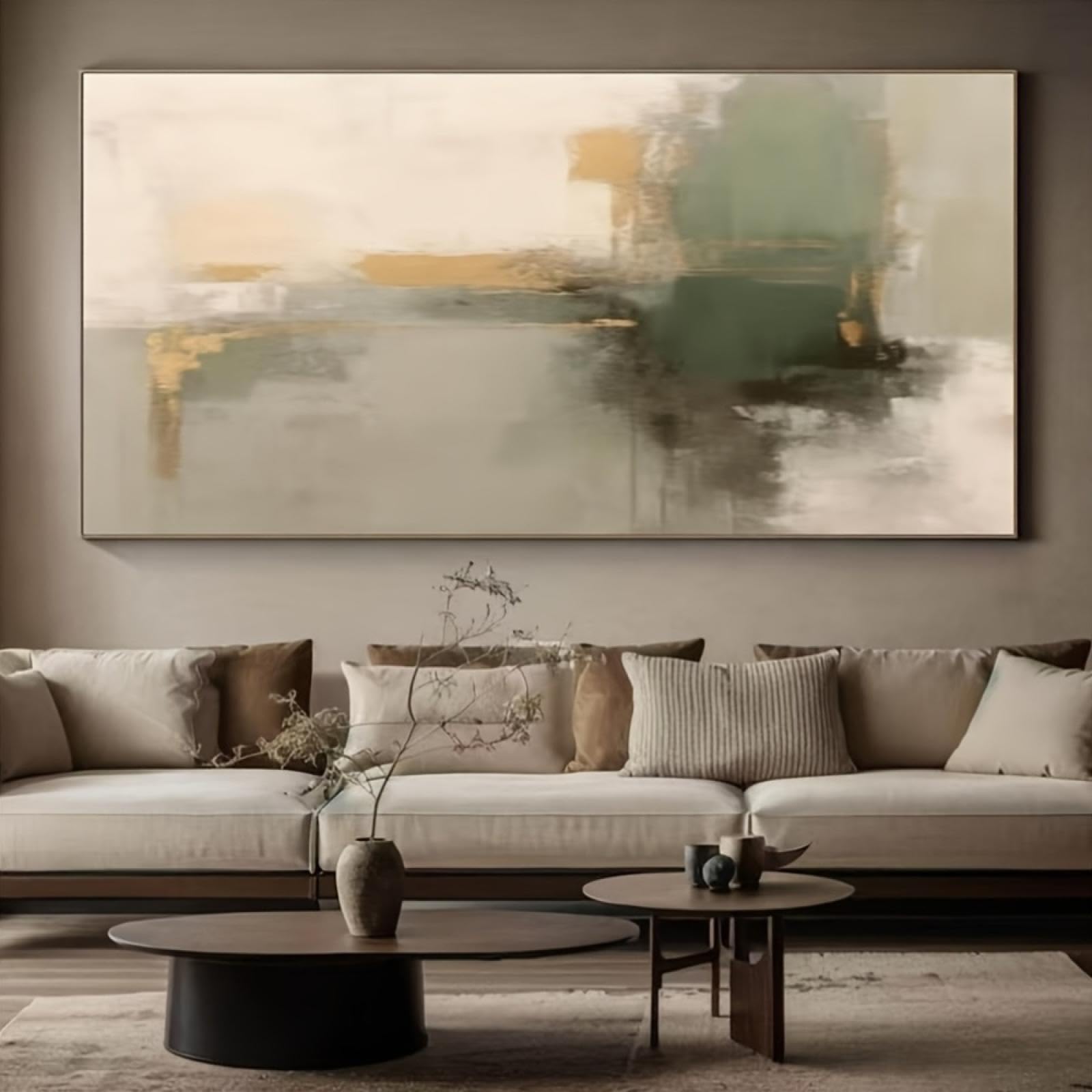 DFZEWKI Großer abstrakter Ölgemäldedruck auf Leinwand, modernes grün-goldenes Beige, Wandkunst, Leinwandbild, Kunstwerk für Wohnzimmer, 70 x 140 cm, rahmenlos