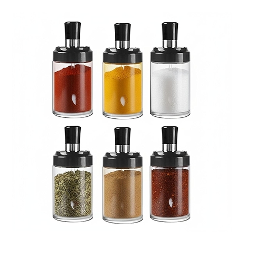 Porta Tempero em Vidro 6 Unidades com Colher Sal, Açucar, Condimentos, Pimenta, Tomilho, O... Porta Tempero em Vidro 6 Unidades com Colher Sal, Açucar, Condimentos, Pimenta, Tomilho, O...