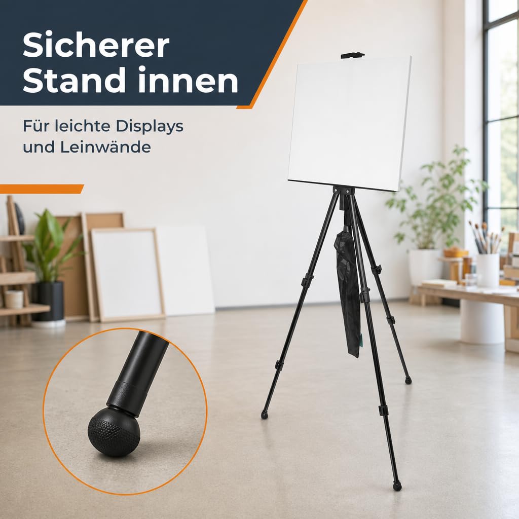 MIJOMA Składana sztaluga metalowa z torbą do przenoszenia – regulacja wysokości od 52 do 162 cm, do płócien do 80 cm – stabilna, lekka i mobilna dla artystów, prezentacji, plakatów i ekspozycji