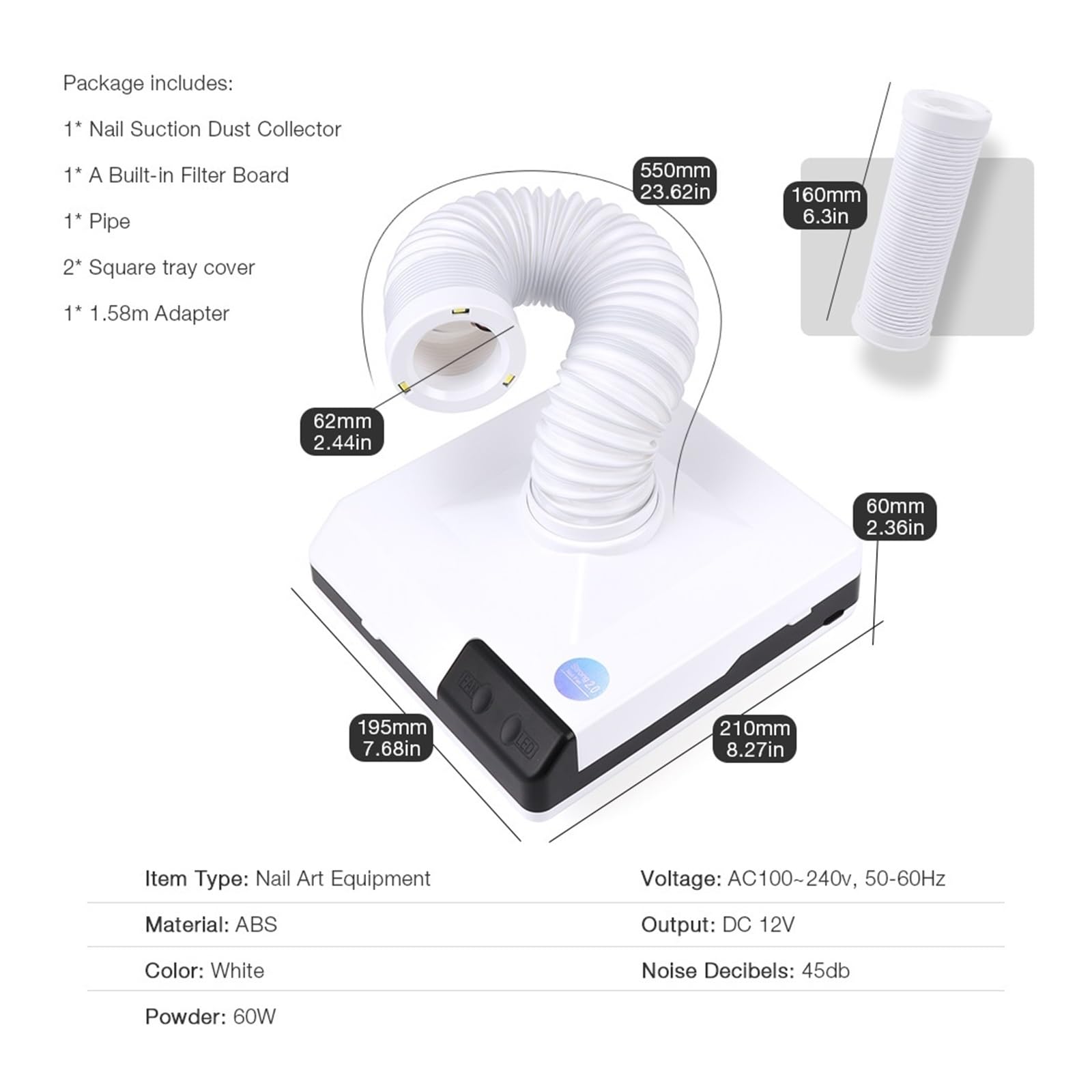 Colector de polvo para uñas, ventilación de vacío, 60 W, doble uso, con foco de codo retráctil, color blanco, 19,5 x 21 x 6 cm