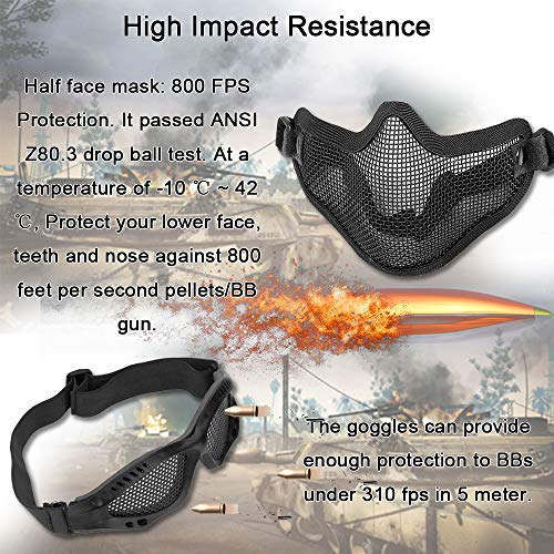 EMAGEREN Airsoft Masken Faltbare halbe Gesichtsschutz Maske Mesh Maske Schutzmaske mit Softair Schutzbrille Klar Stahl Maske Schutzbrille Militärschutzmaske für Halloween Cosplay Softair Paintball CS