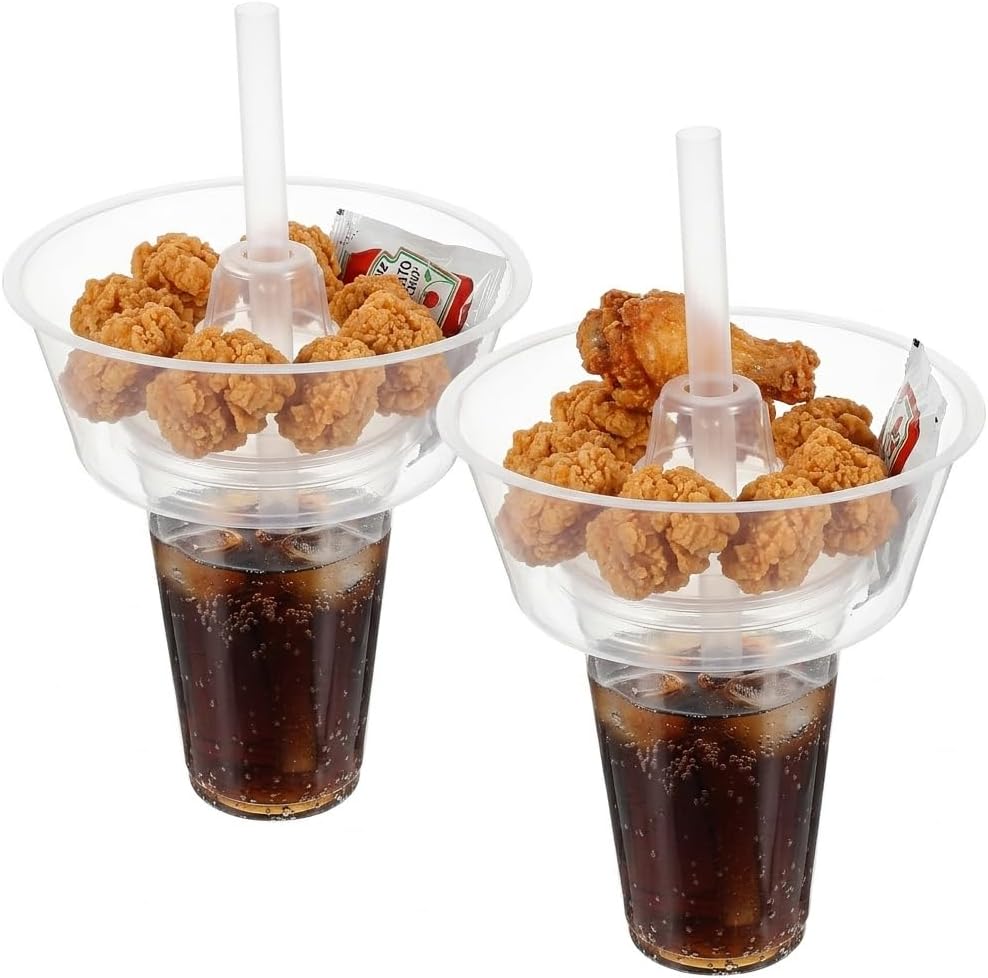 Snack and Drink Cup Set with Straw 2 Pack Reusable Plastic Tumblers with Snack Bowl for on-the-Go Use Stadium Party Movie Night 7.08 Inch