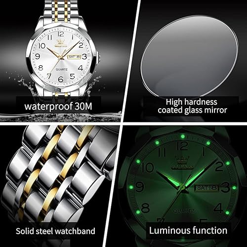 Miniatura 5 de OLEVS Reloj de lujo para hombre, vestido analógico de cuarzo, acero inoxidable, impermeable, luminoso, fecha, diamante, negocios, dos tonos, reloj