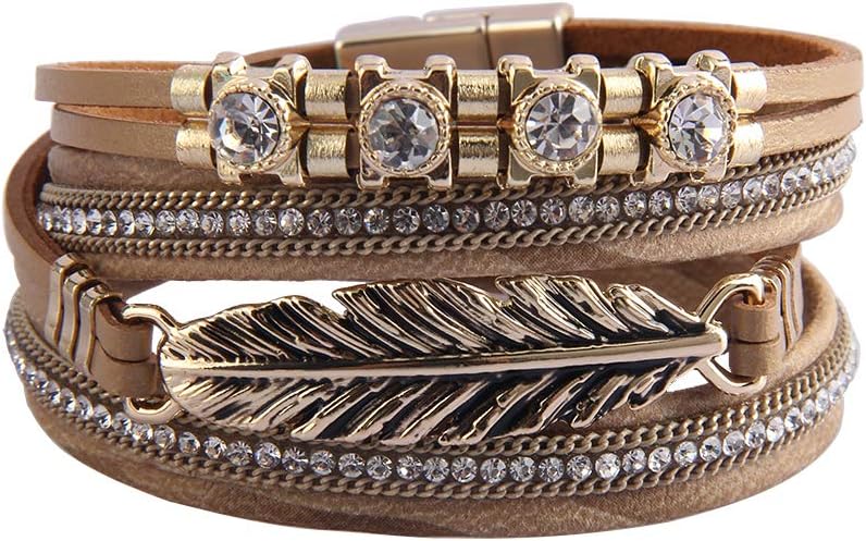 GelConnie Womens Leather Cuff Bracelet Feather Multi Strand Bracelet Wrap Bracelet Turquoise Boho Bangle Braided Leather Wristbands Bohemian Jewelry Gifts for Women Wife Sister