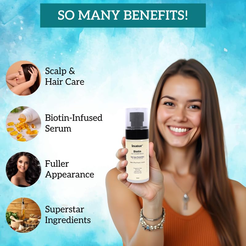 Image of inatur Biotin Hair Growth Serum for Women & Men | Hair Strengthening Treatment with Wheat Protein, Keratin, Rosemary Extract | For Thin Hair, Hair fall, Volume & Shine | Non-Sticky |50ml