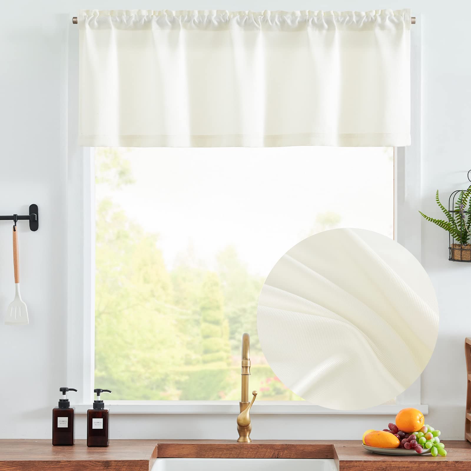 Vangao Weben Scheibengardinen mit Tunnelzug Faux Leinen Bauernhaus Fenster Weiß Vorhang für Wohnzimmer Badezimmerfenster Raum Halbtransparent Verdunkelnd Land Rustikale 1er Set 125Bx40H cm