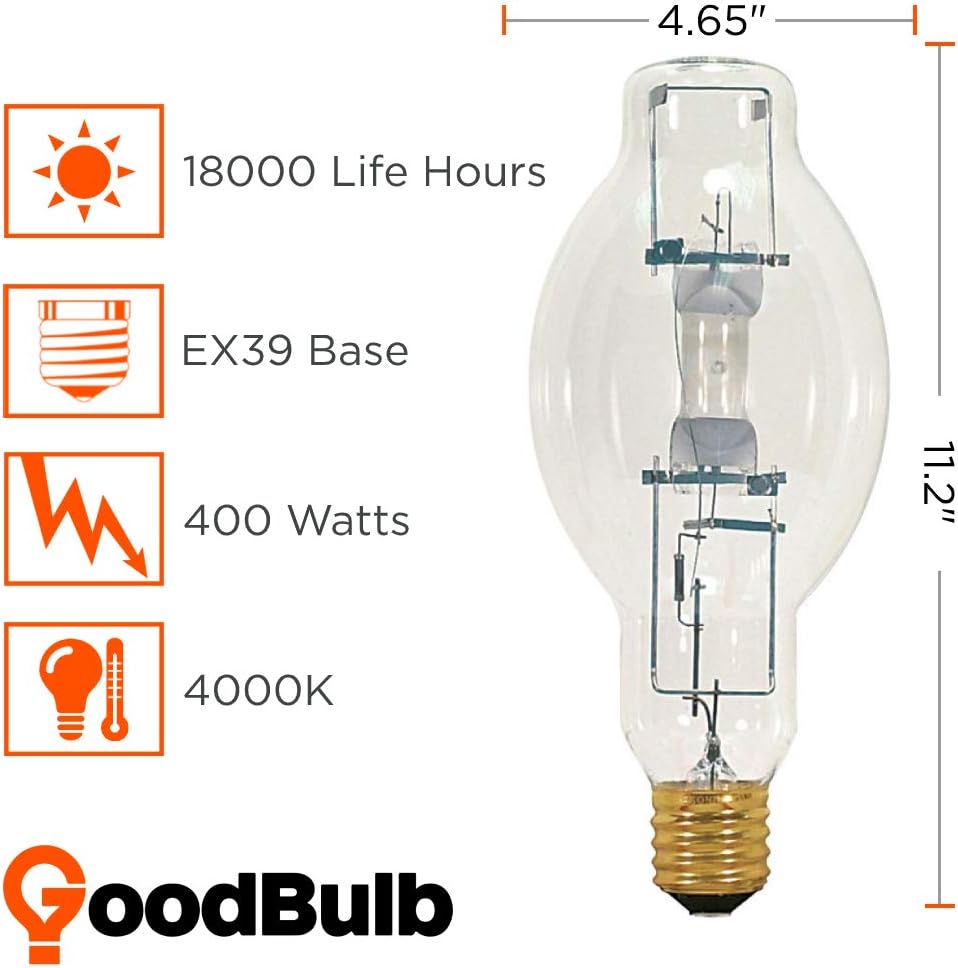 GoodBulb MP400/U/MOG Metal Halide HID Light Bulb 400W EX39 Base BT37 ANSI Code M135/M155 High Output HID Light 4000K Cool White 18000 Life Hours Pack of 2 Bulbs