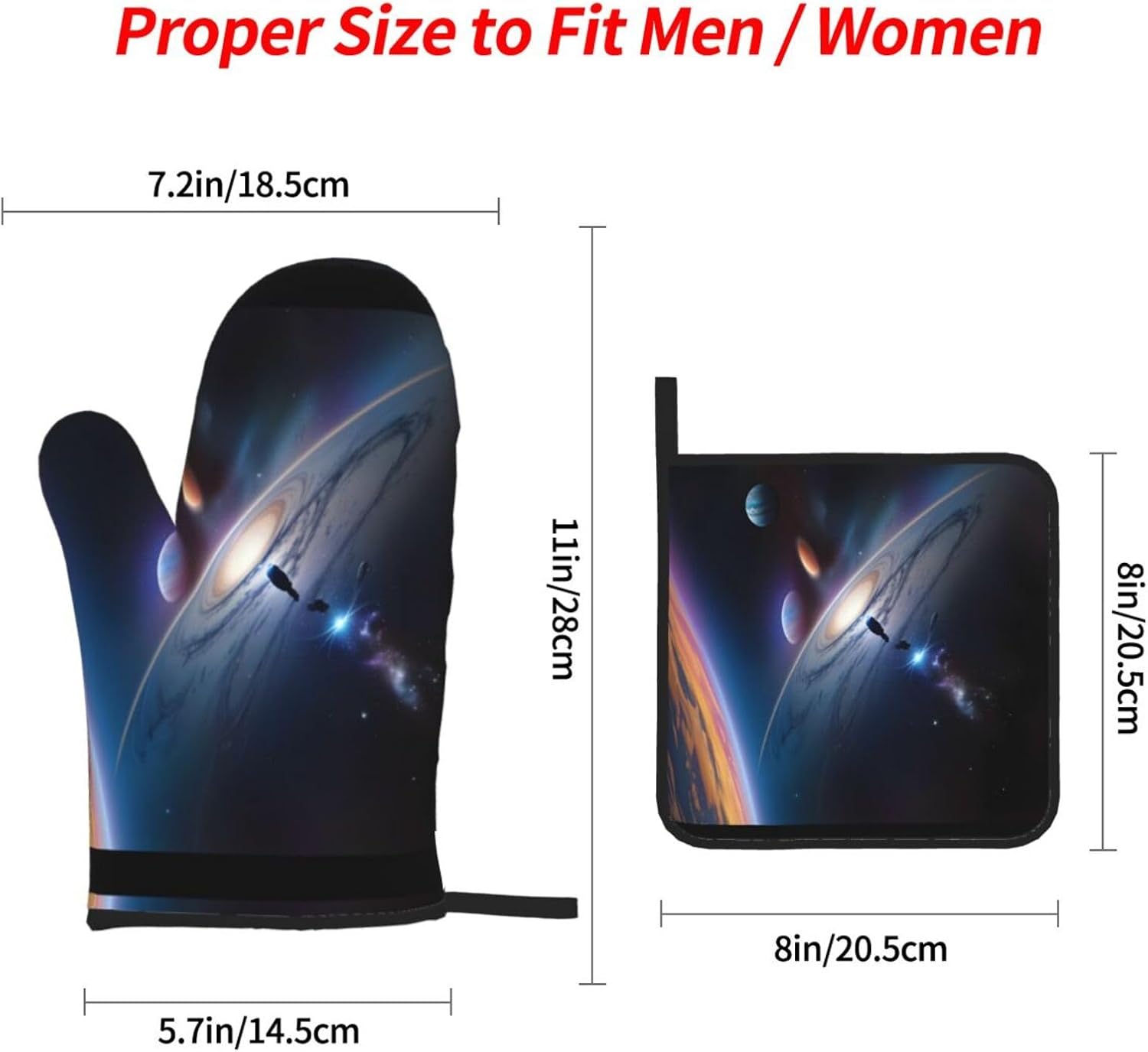 A fascinating universe Oven gloves and heat-resistant mat 4-piece set. Suitable for grilling, microwave oven frying, and baking