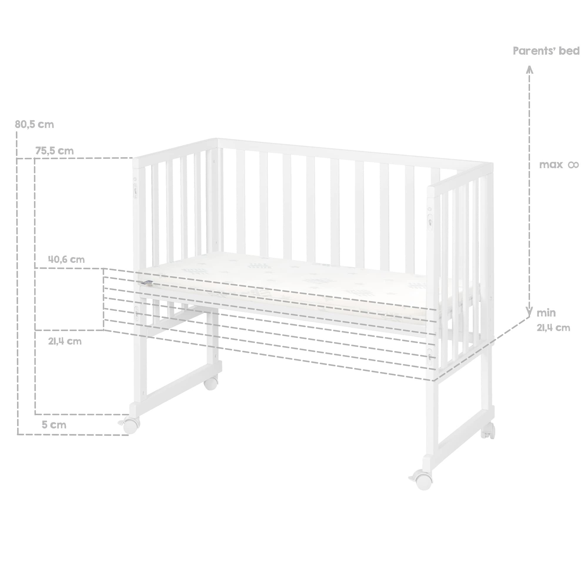 roba Lit Cododo 45 x 90 cm safe asleep® 3 en 1 - Hauteur Réglable - Berceau + Matelas + Barrière en Toile + Bordure en Maille + 4 Roulettes à Freins - Ensemble de Lit Bébé - Bois Blanc