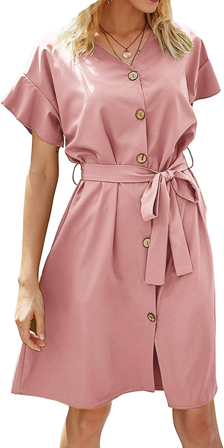 Lu's Chic Women's V Neck Dresses Short Sleeve Dress Ruffle Mini Casual Summer Button Down