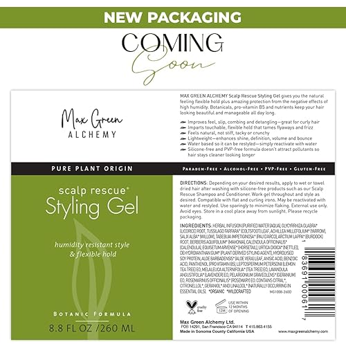 Vista 23 de MGA Gel vegano para peinar el cabello, fórmula orgánica de rescate del cuero cabelludo para un estilo de cabello flexible y natural, productos