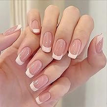 Gloss & Go 24 Reusable Artificial Fake Nail Set| Frech Style Peach And White Short Square Glossy Press On Nails| Lightweight & Long Lasting| Easy To Use| Quick Fix For Festivals & Special Occasions