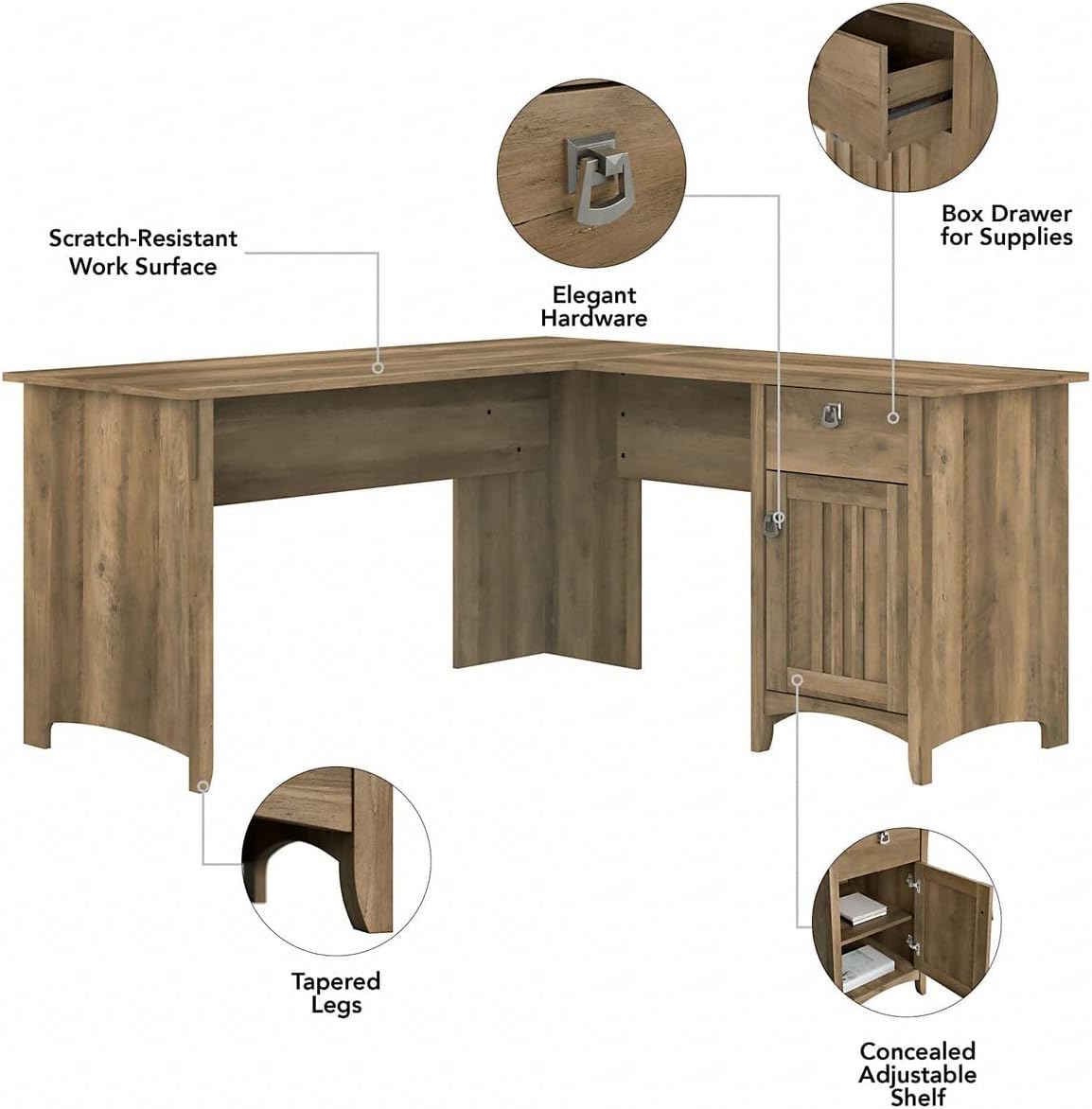 Bush Furniture Salinas L Shaped Desk with File Cabinet and 5-Shelf Bookcase | 3 Piece Living Room Furniture Set in Reclaimed Pine | Storage Cabinet, Bookshelf & Office Desk