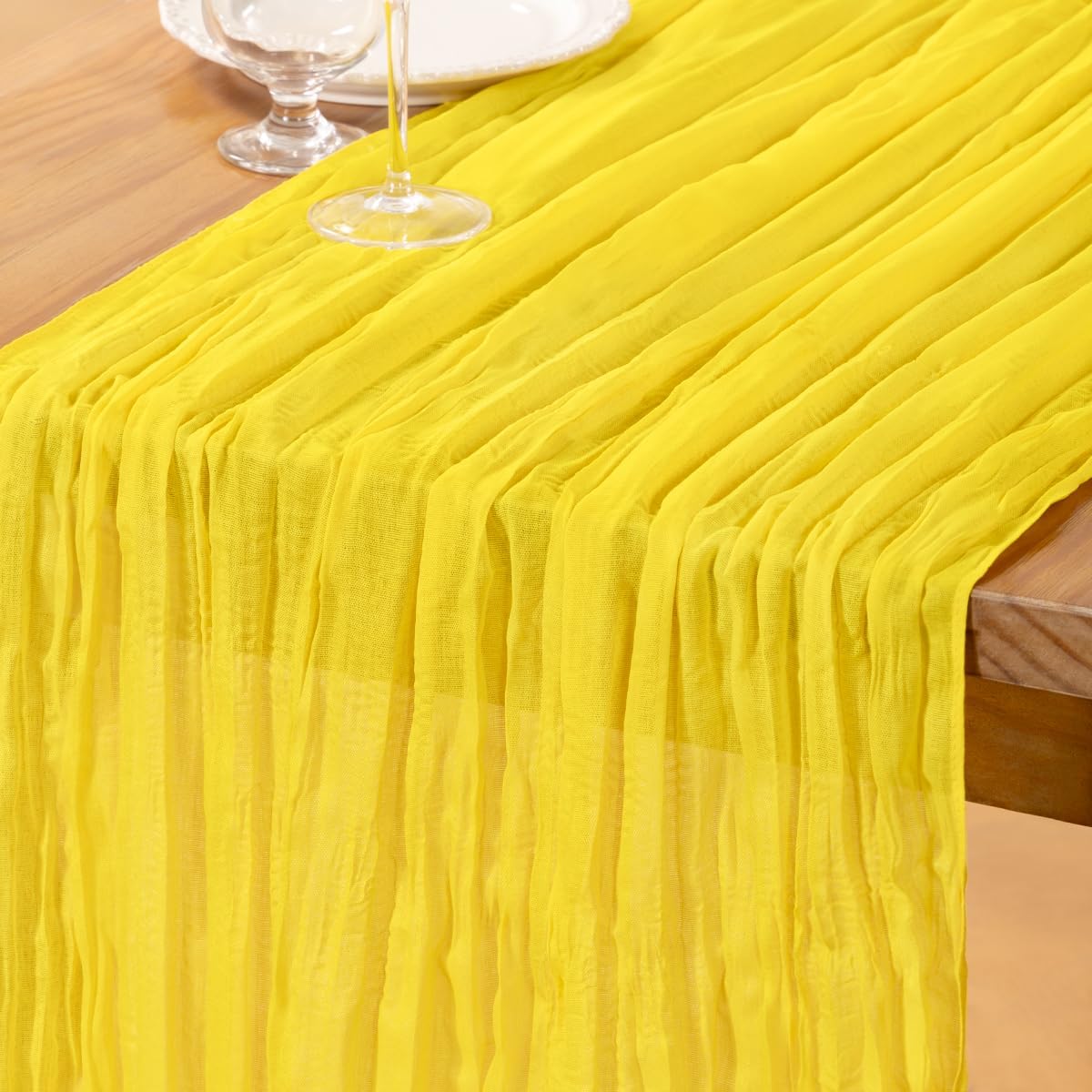 DeZerlor Lemon Yellow Cheesecloth Table Runner Spring Easter Table Runner Boho Gauze 120 Inches Yellow Cheese Cloth Table Decor for Wedding Bridal Baby Shower Parties