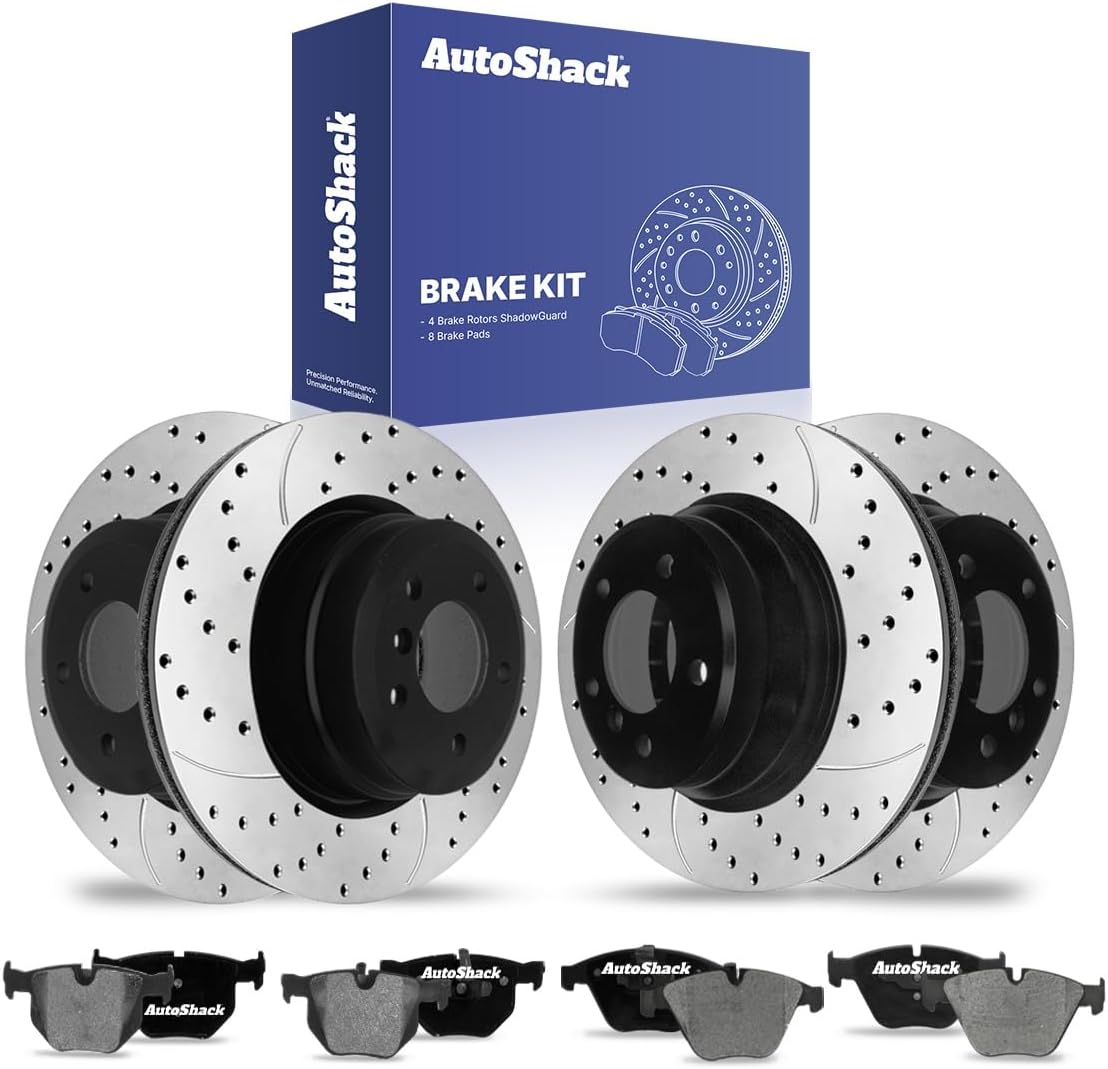 AutoShack Front & Rear Drilled & Slotted Brake Rotors Ceramic Brake Pads Replacement for BMW 335i xDrive 2007-2010 335i 2008 335xi 2009-2011 335d RWD E-Coated 12-PC Brake Kit ShadowGuard