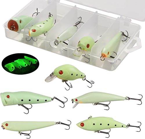 Miniatura 7 de Kit de señuelos de pesca luminosos luminosos VIB Popper Crank Minnow lápiz cebo duro con gancho de agudos Caja de aparejos de pesca nocturna
