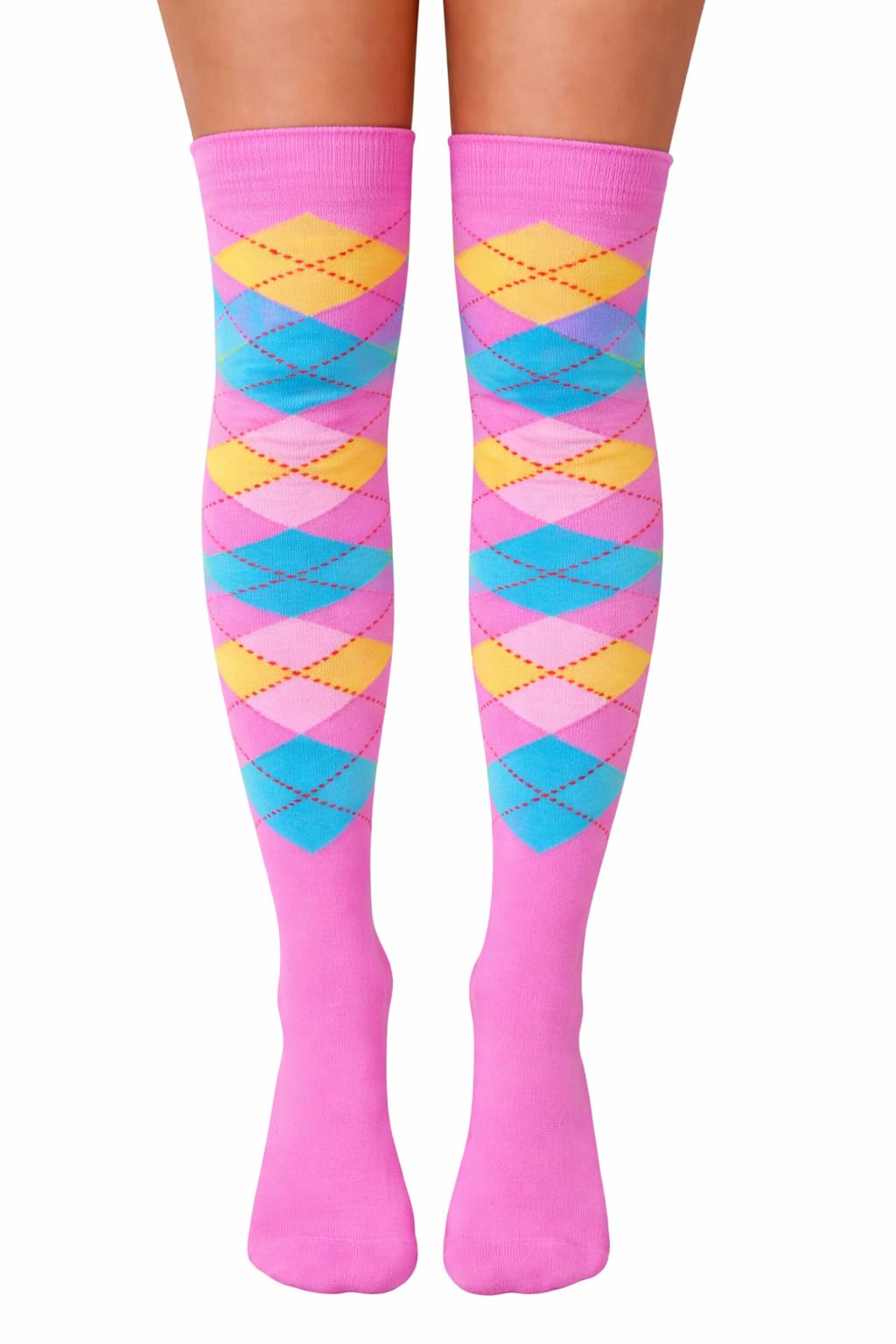 NuJake Girls Striped Over The Knee Socks Fancy Dress Up Themed Cosplay Christmas & Halloween UK Size 4-5.5 (Pink Turquoise & Yellow)