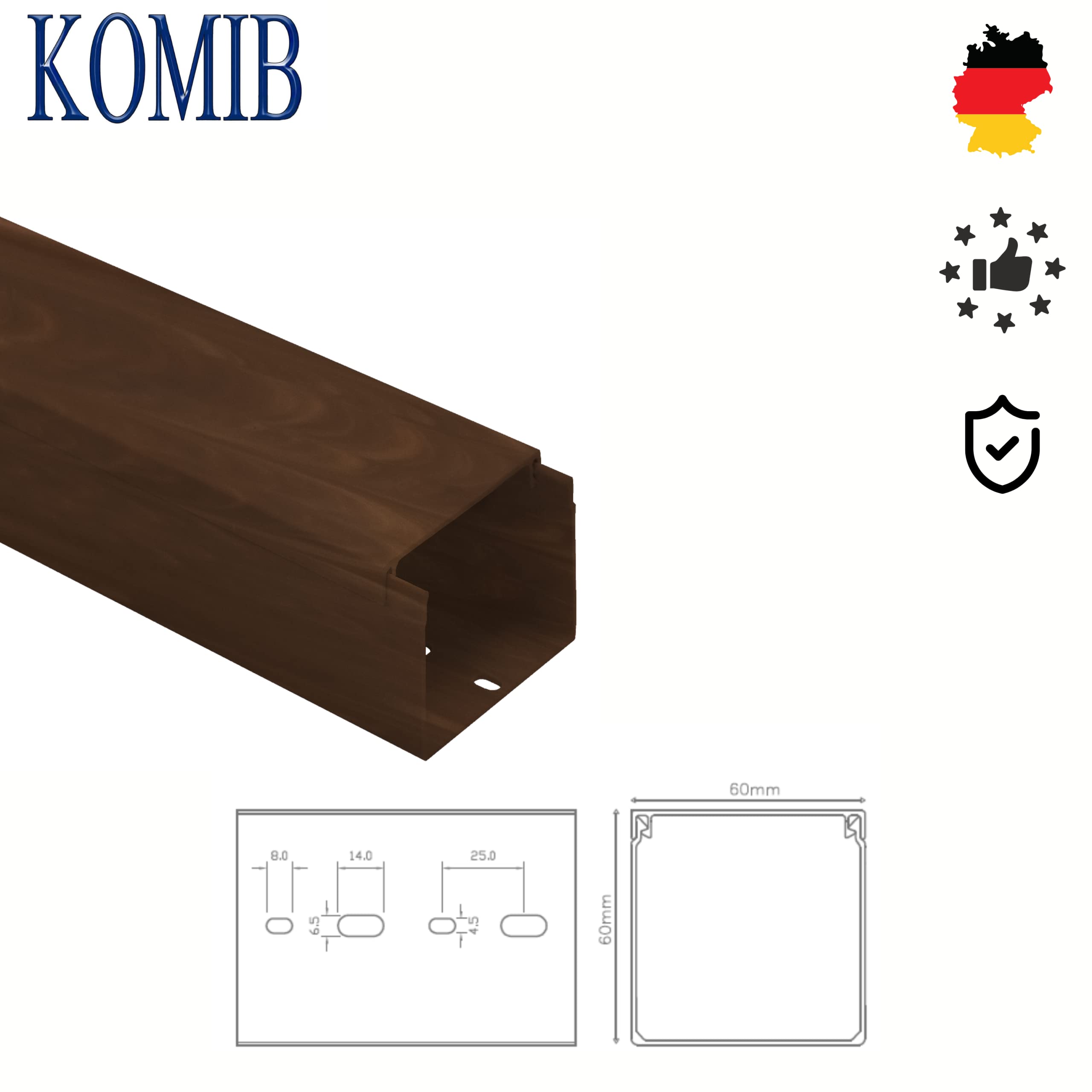 10m KOMIB Kabelkanal/Kabelkanäle/Kabelführung - Verschiedene Größen und Farben - Schraubbar - 5 x 2m Stangen - (Braun - Holz Design, 60 x 60 mm)