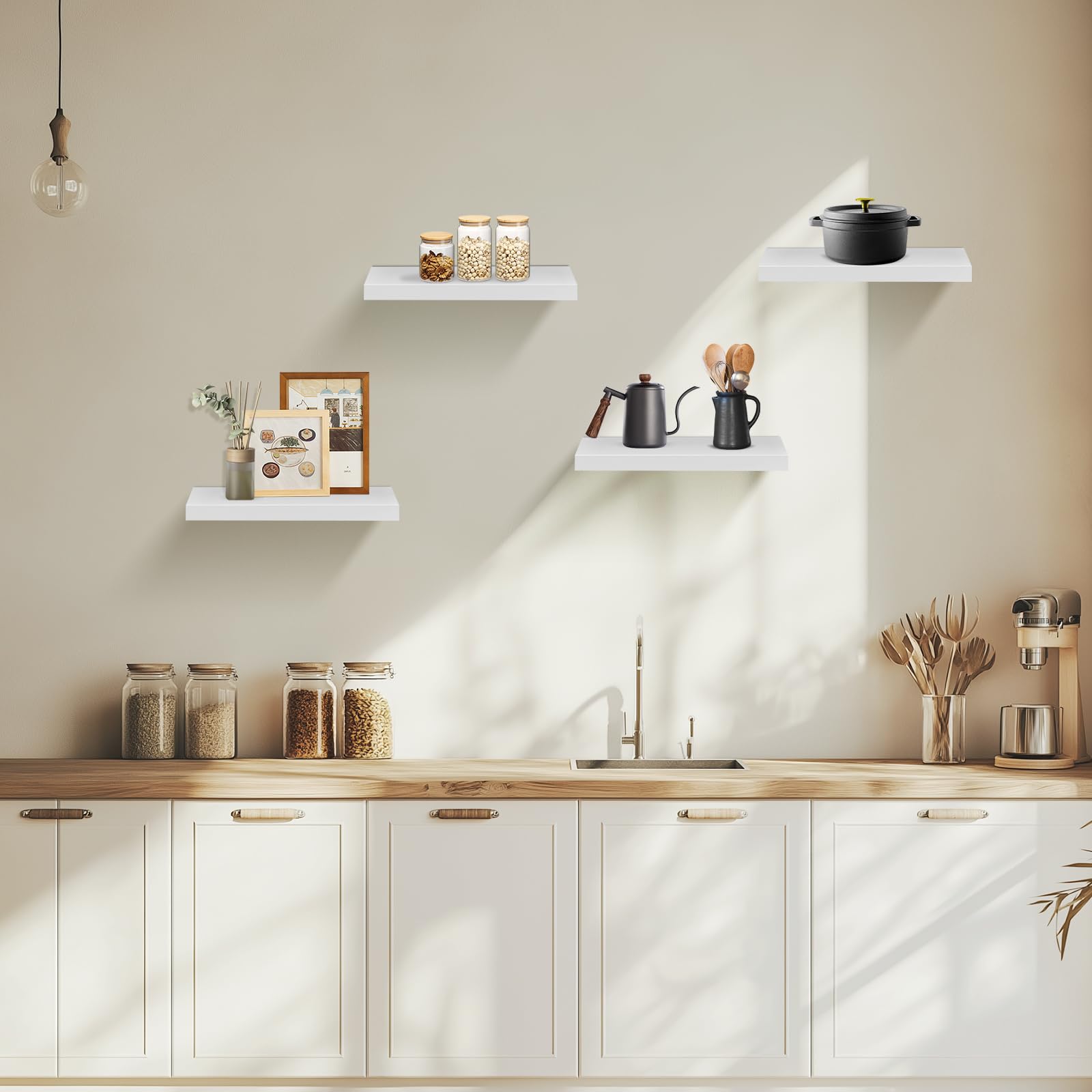8×Półka ścienna, regał na książki, regały do dekoracji, półki ścienne z drewna MDF, 8-częściowy zestaw regału wiszącego, kolor biały, 40x14x3cm