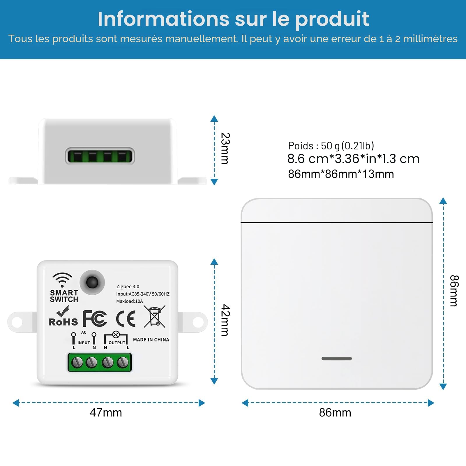 Interrupteur d'éclairage sans fil 10 A 1500 W avec récepteur de sécurité