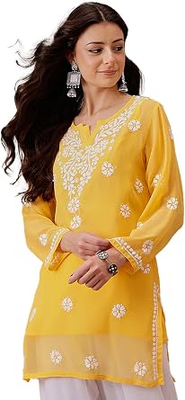 Ada Indian Hand Embroidered Chikankari Womens Georgette Kurti Top Tunic Shirt with inner A911300