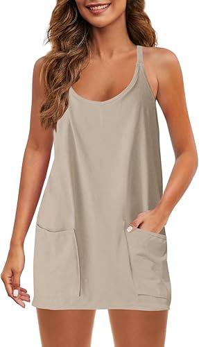Miniatura 1 de SENSERISE Minivestido para mujer con pantalones cortos integrados, vestido corto de verano sin mangas, vestido de entrenamiento con bolsillos