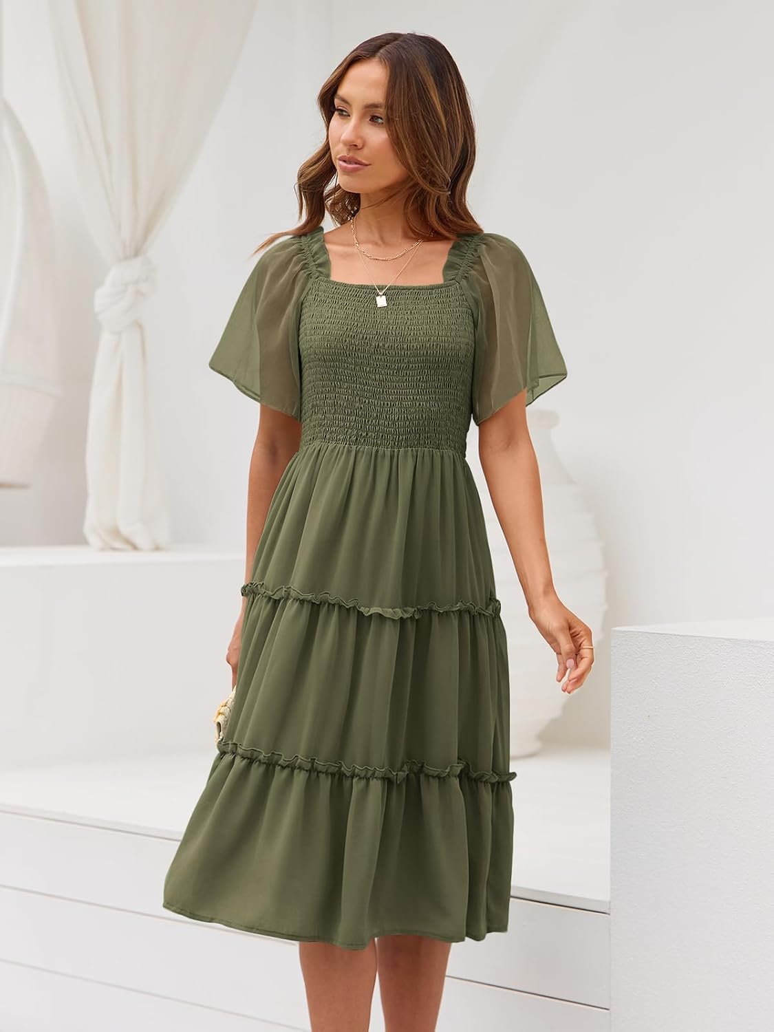 LILLUSORY Women Tiered Flutter Sleeve Square Neck Smocked Midi Dress image 5