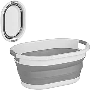 Relaxdays Wäschekorb faltbar, 36 l, Wäschewanne aus Kunststoff, platzsparend zusammenklappbar, mit Griffen, grau/weiß