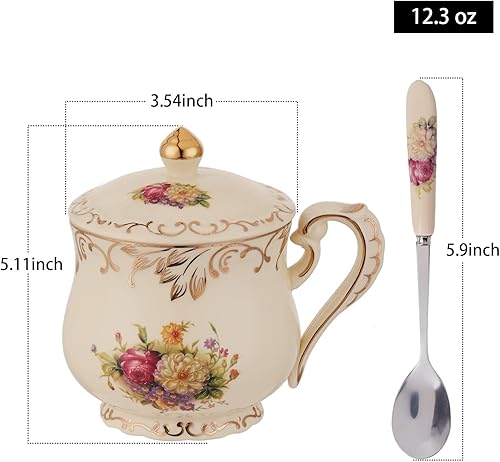 Miniatura 9 de YOLIFE Taza de té con tapa, taza de té de 12 onzas con tapa y cuchara, tazas de té de flores de cerámica, regalo de cumpleaños para mamá y mujer